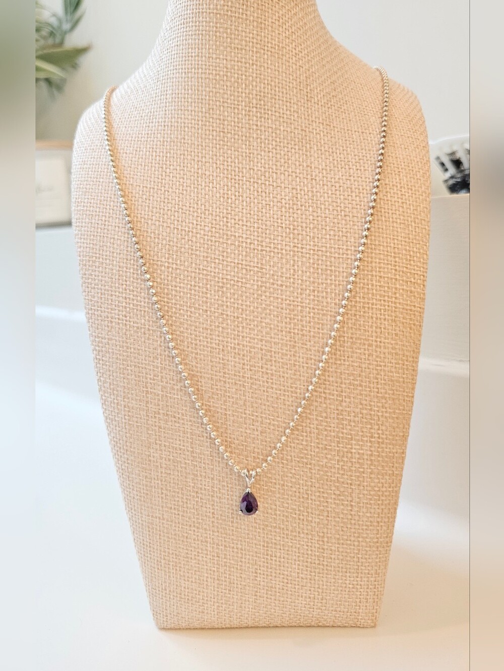 925 STERLING SILVER 24" Beaded Necklace with Natural Amethyst Pendant